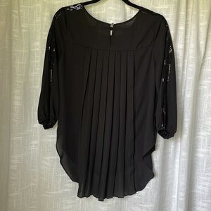 CATO Black Tunic Blouse Sequin Sleeves Back Pleats Hi Low Cocktail Party Women S